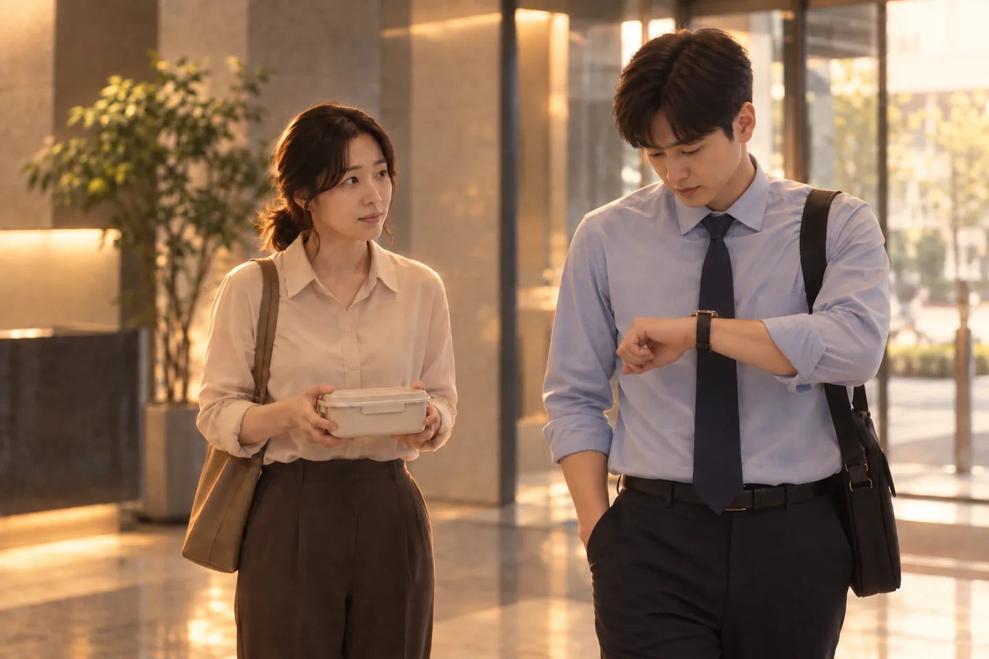 회사 로비에서 도시락을 든 여성과 시계를 보는 남성