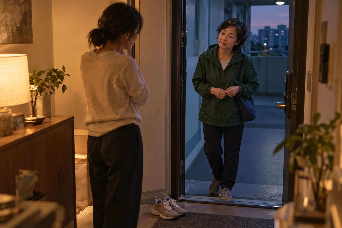 저녁 현관 문턱을 사이에 두고 마주 선 두 여성